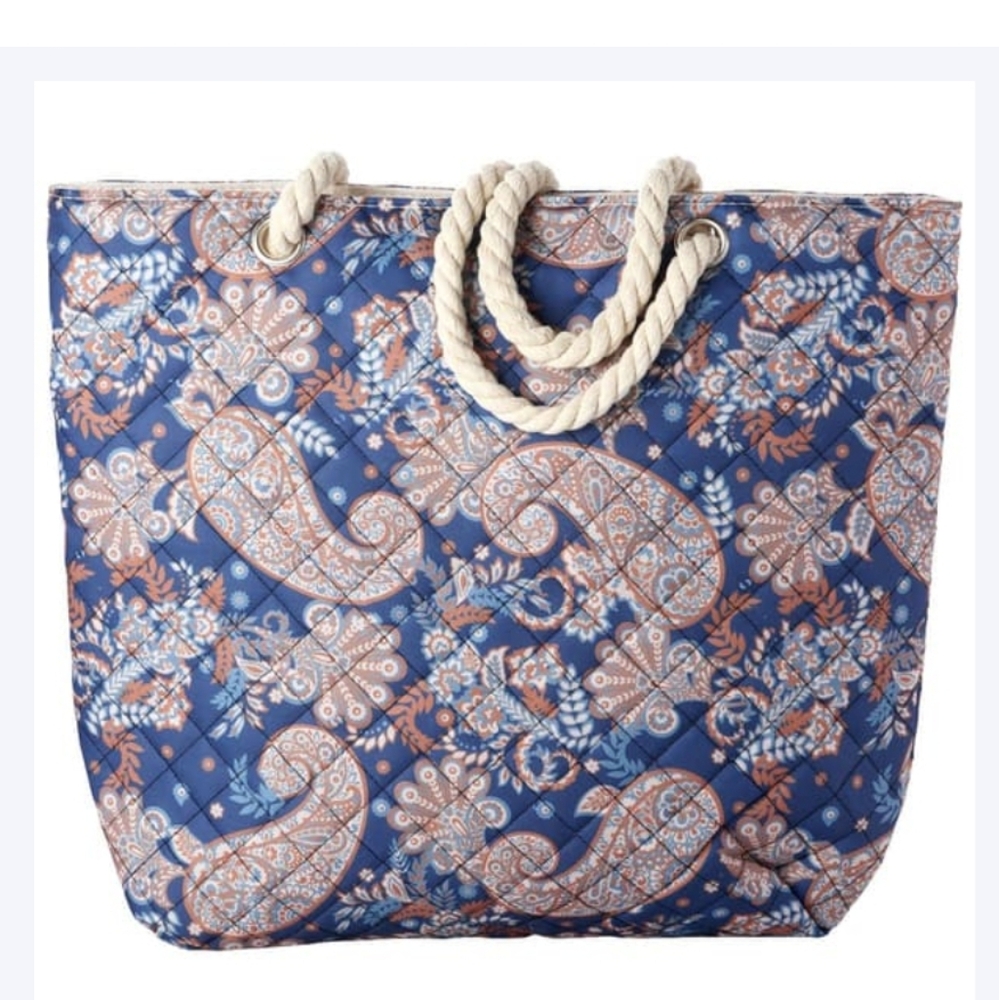 Blue Paisley Zip Top Canvas Tote W/ Rope Handles NWT, 2 Opt Quilted/ Non Quilted